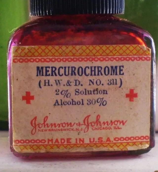 A classic vintage bottle of Mercurochrome manufactured by Johnson & Johnson. This antiseptic solution was a staple in many households, used for treating minor cuts and scrapes