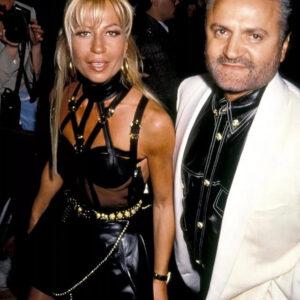 Donatella Versace with the late Gianni Versace at an event, showcasing their iconic fashion partnership.